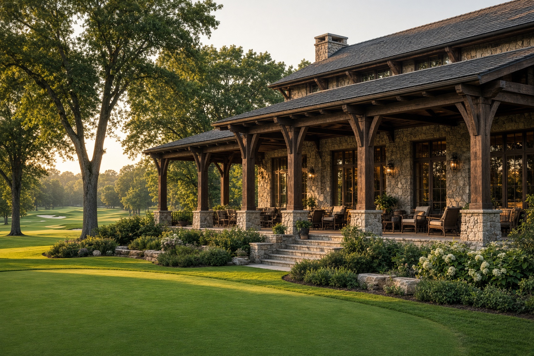 Stone and timber clubhouse among the trees
